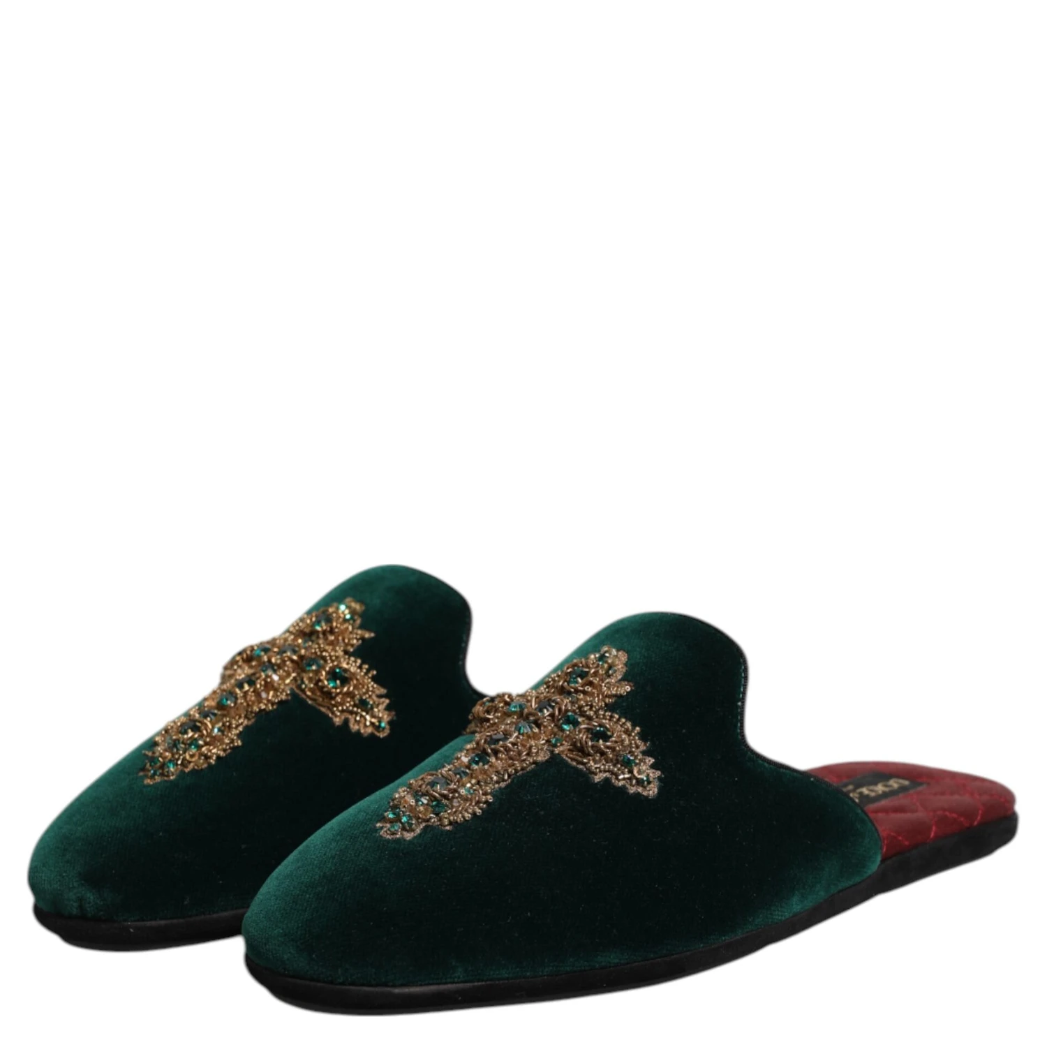 Green Velvet Cross Embellished Slippers Shoes