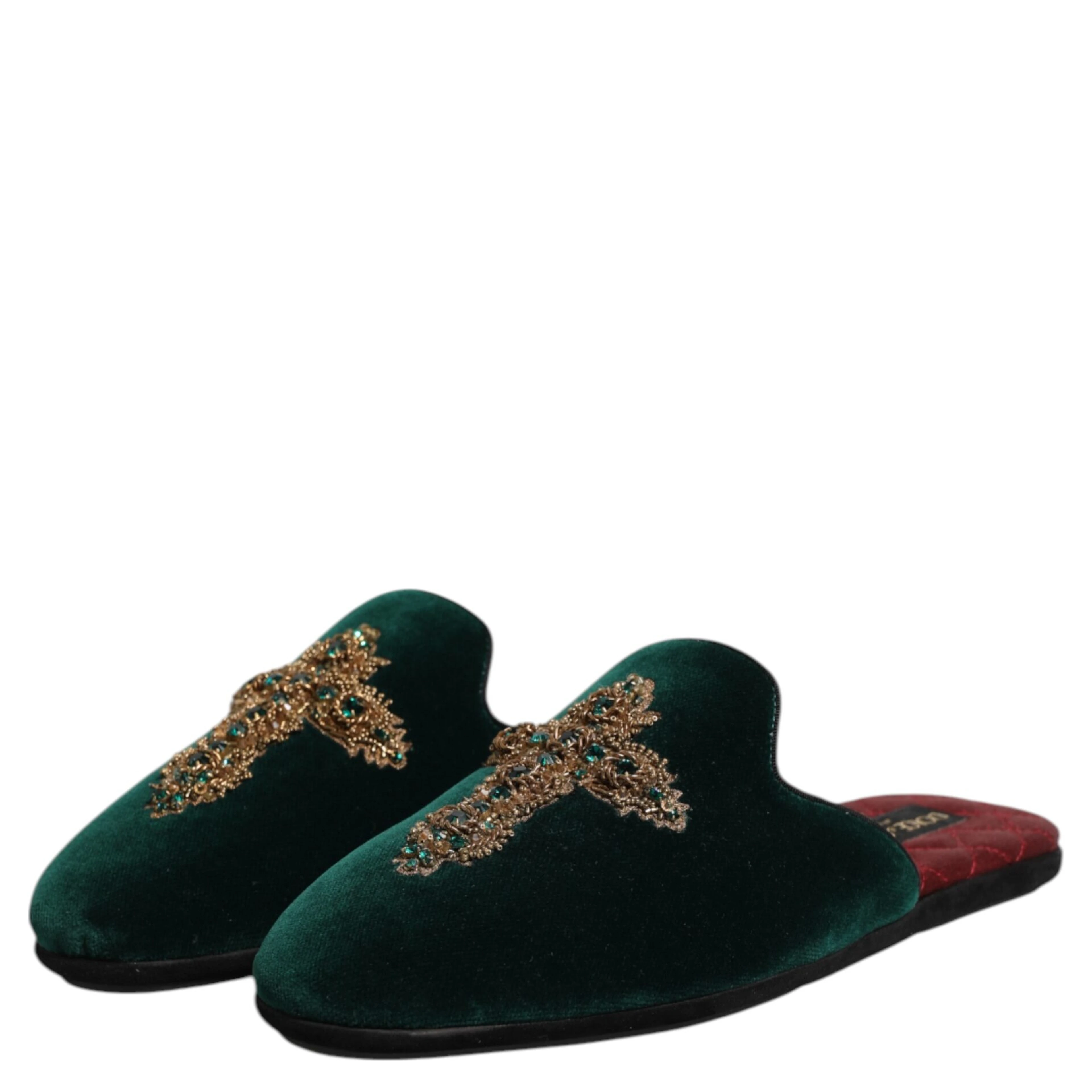 Green Velvet Cross Embellished Slippers Shoes