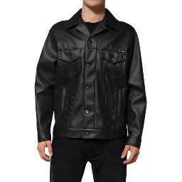 Black Polyester Button Down Biker Jacket