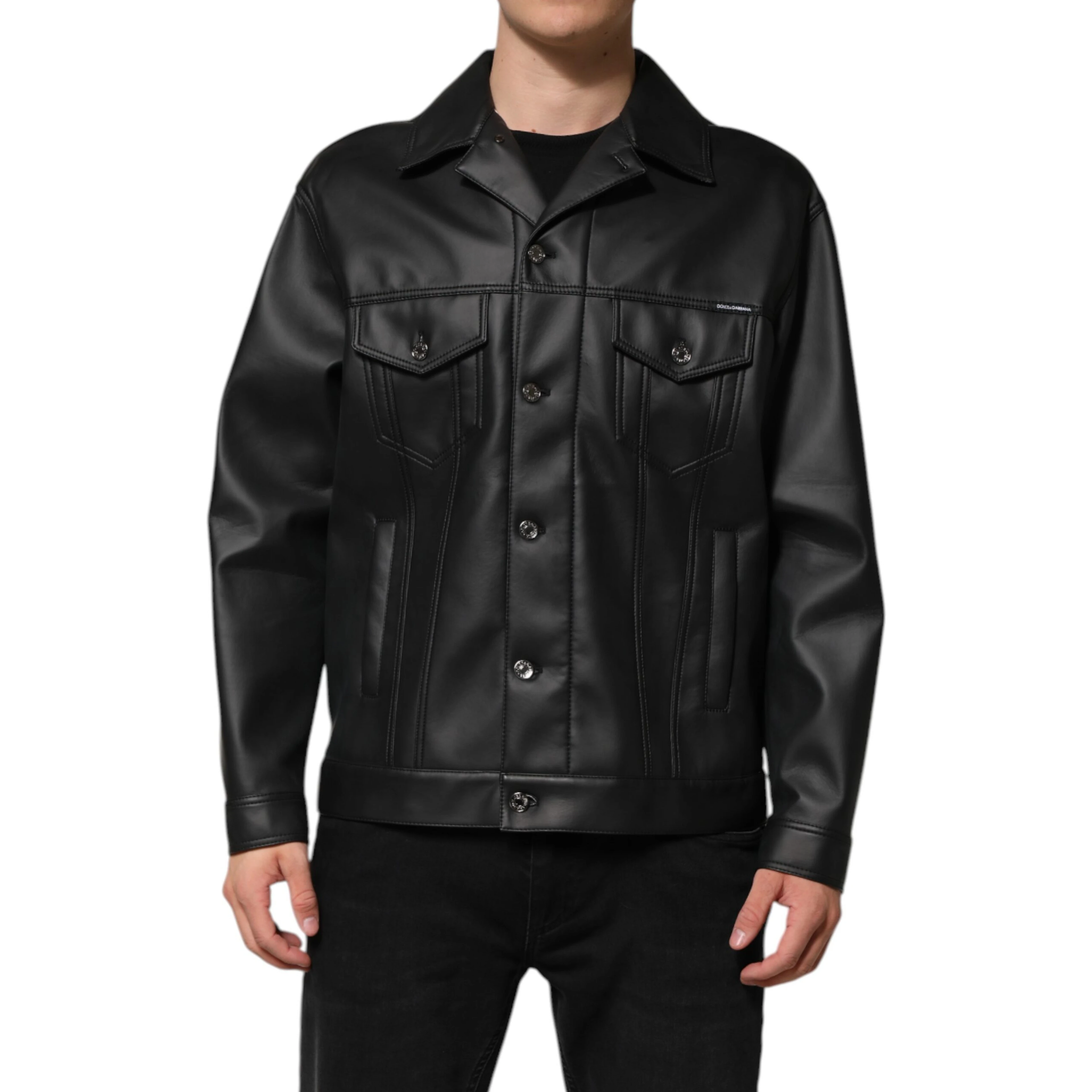 Black Polyester Button Down Biker Jacket