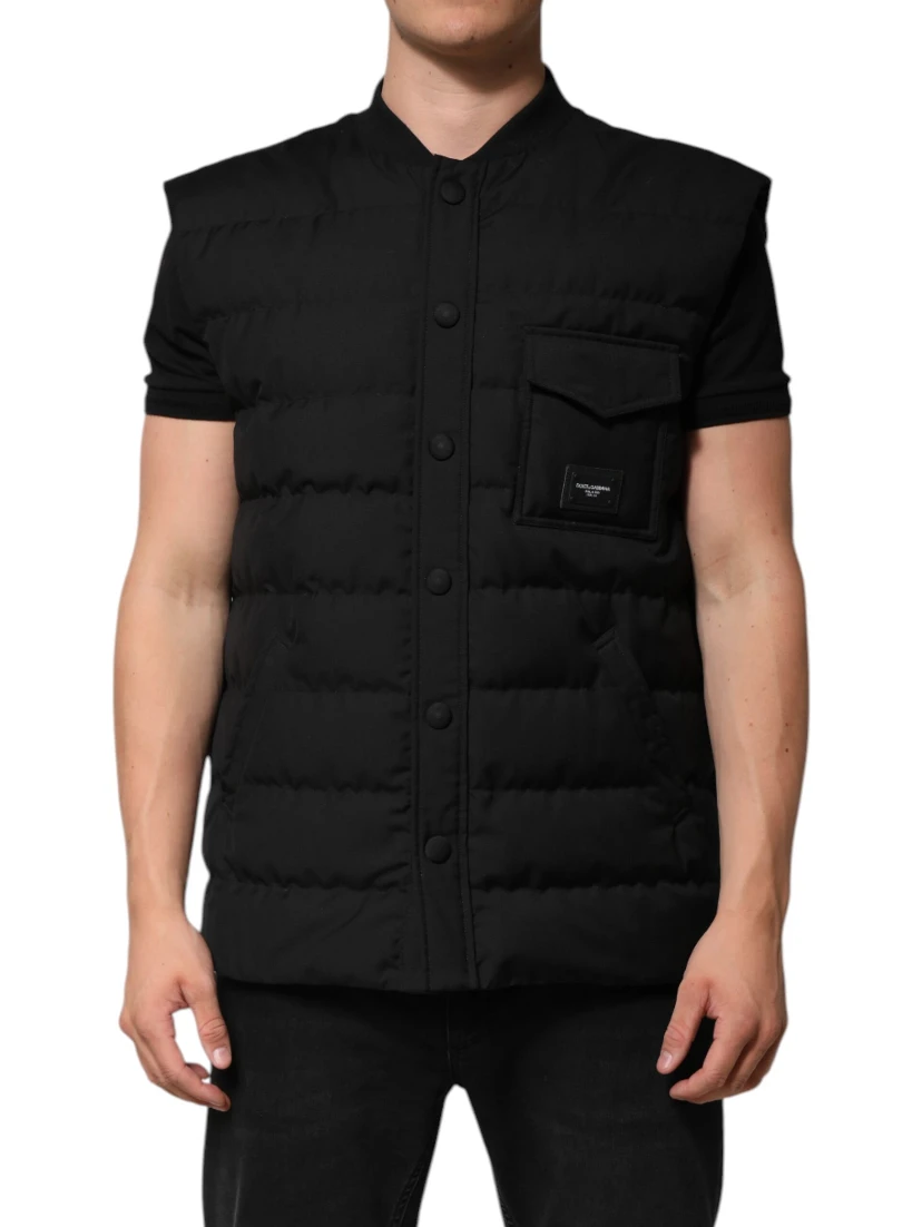 Black Sleeveless Parka Logo Plaque Jacket