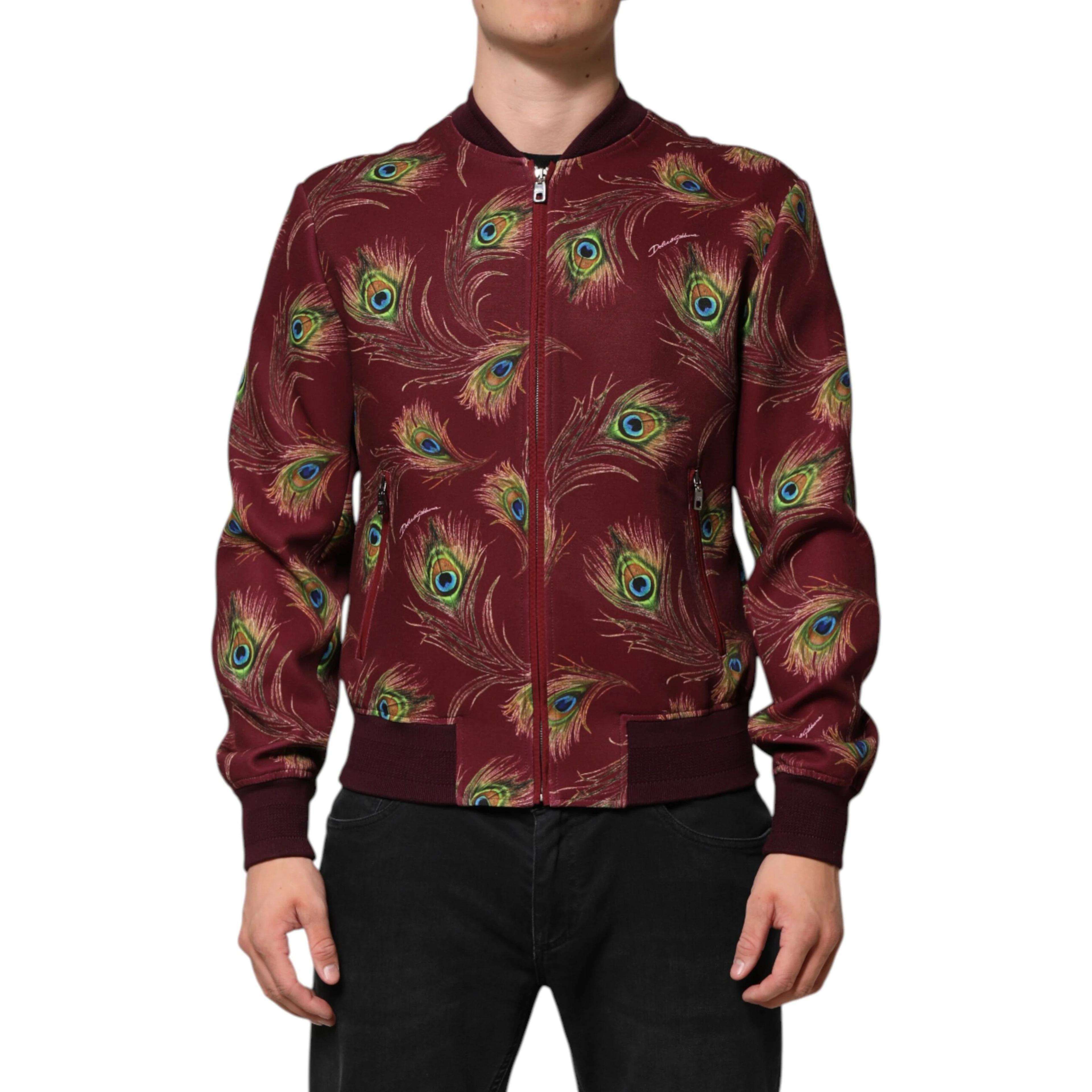 Maroon Peacock Feather Print Bomber Jacket