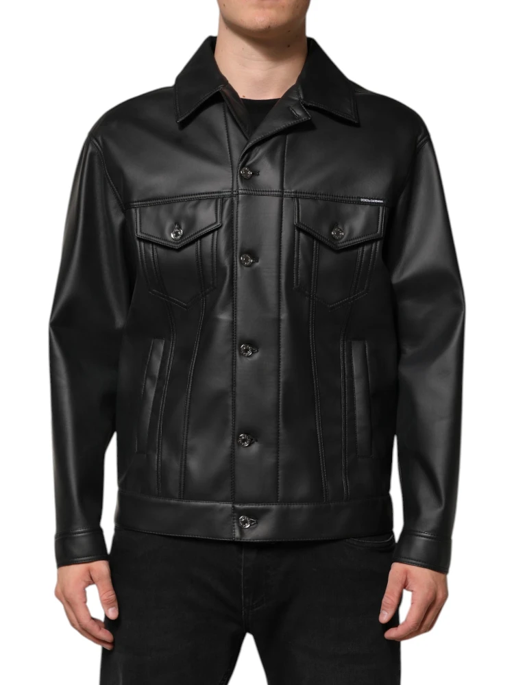 Black Polyester Button Down Biker Jacket