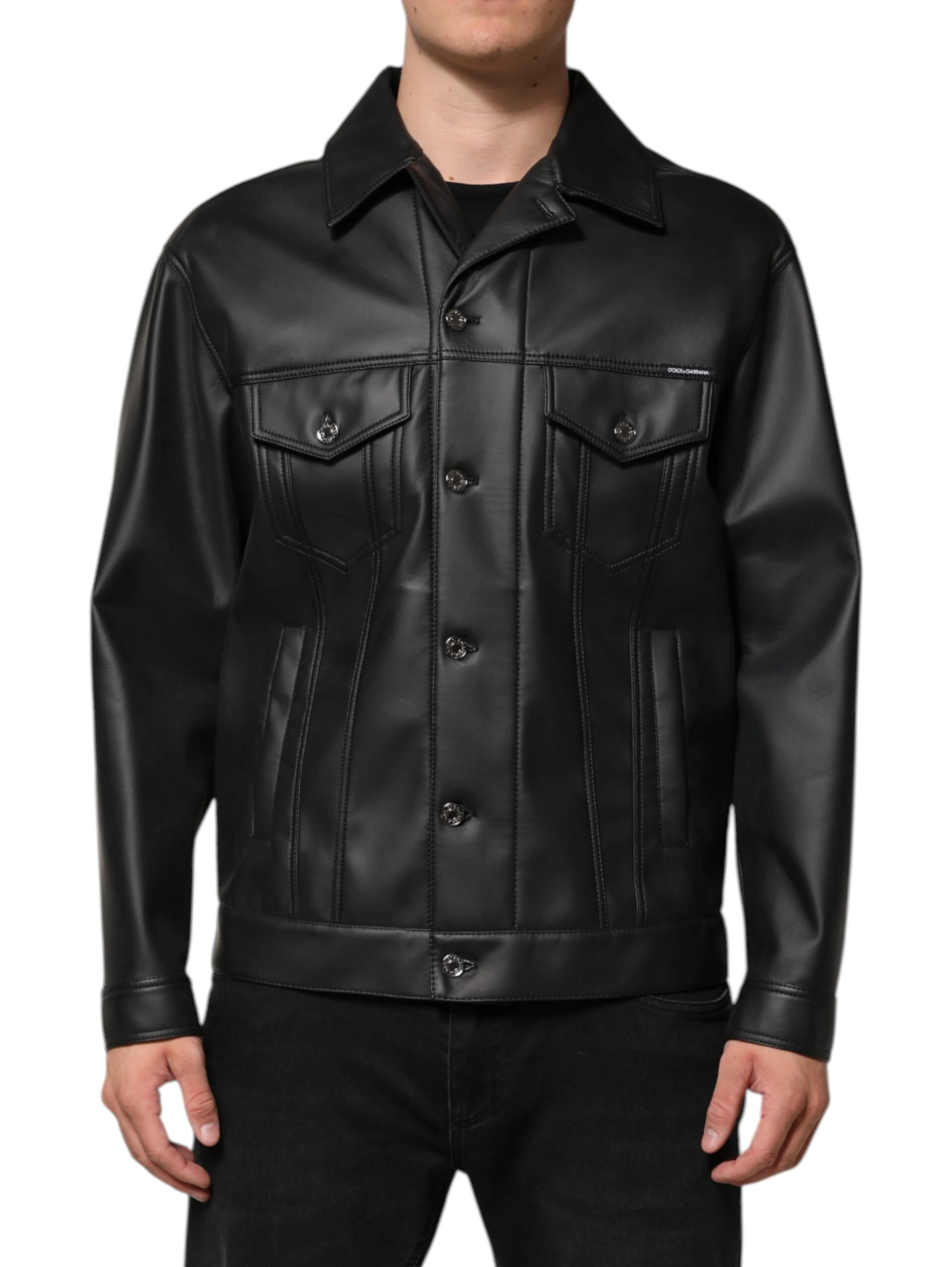 Black Polyester Button Down Biker Jacket