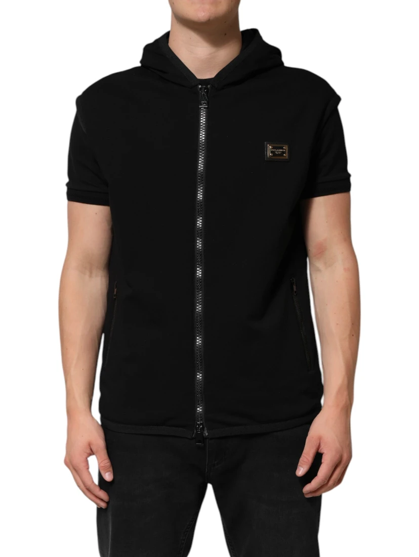 Black Sleeveless Hooded Logo Plaque Jacket