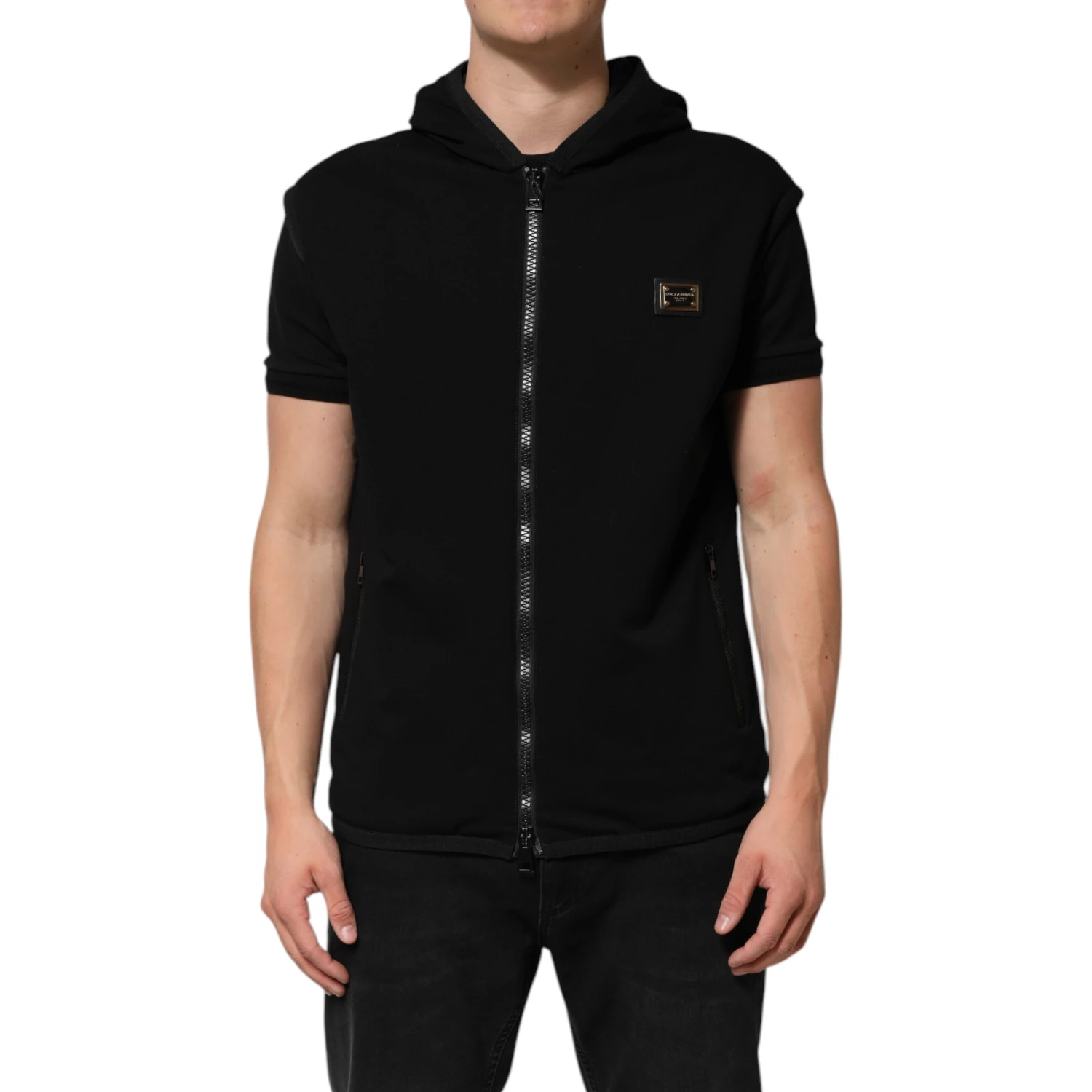 Black Sleeveless Hooded Logo Plaque Jacket