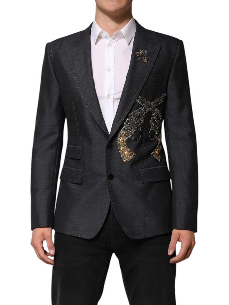 Dark Gray Bee Embroidery Wool Coat Blazer
