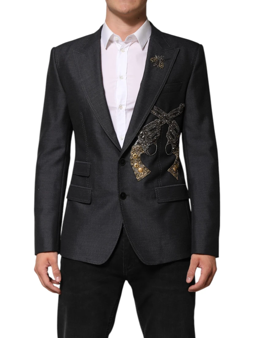Dark Gray Bee Embroidery Wool Coat Blazer