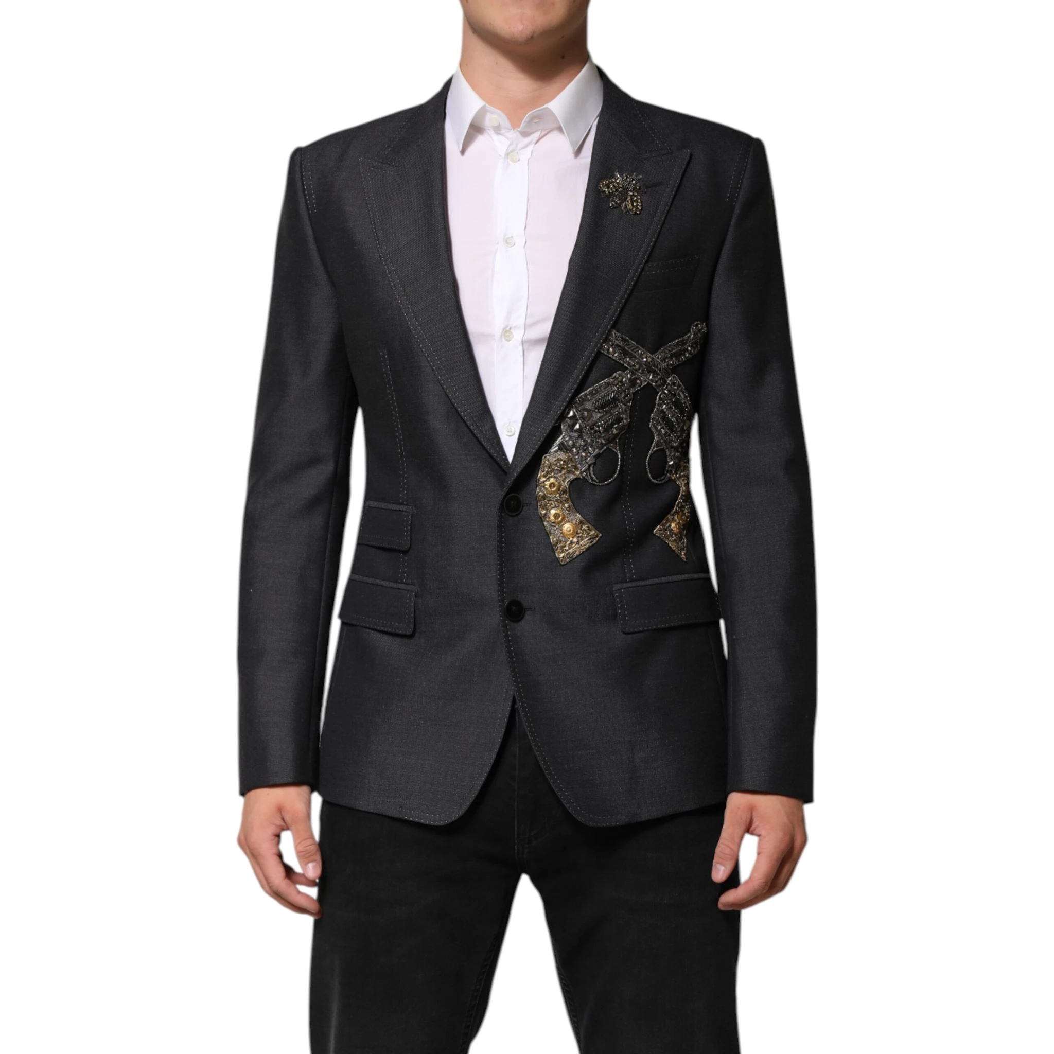 Dark Gray Bee Embroidery Wool Coat Blazer