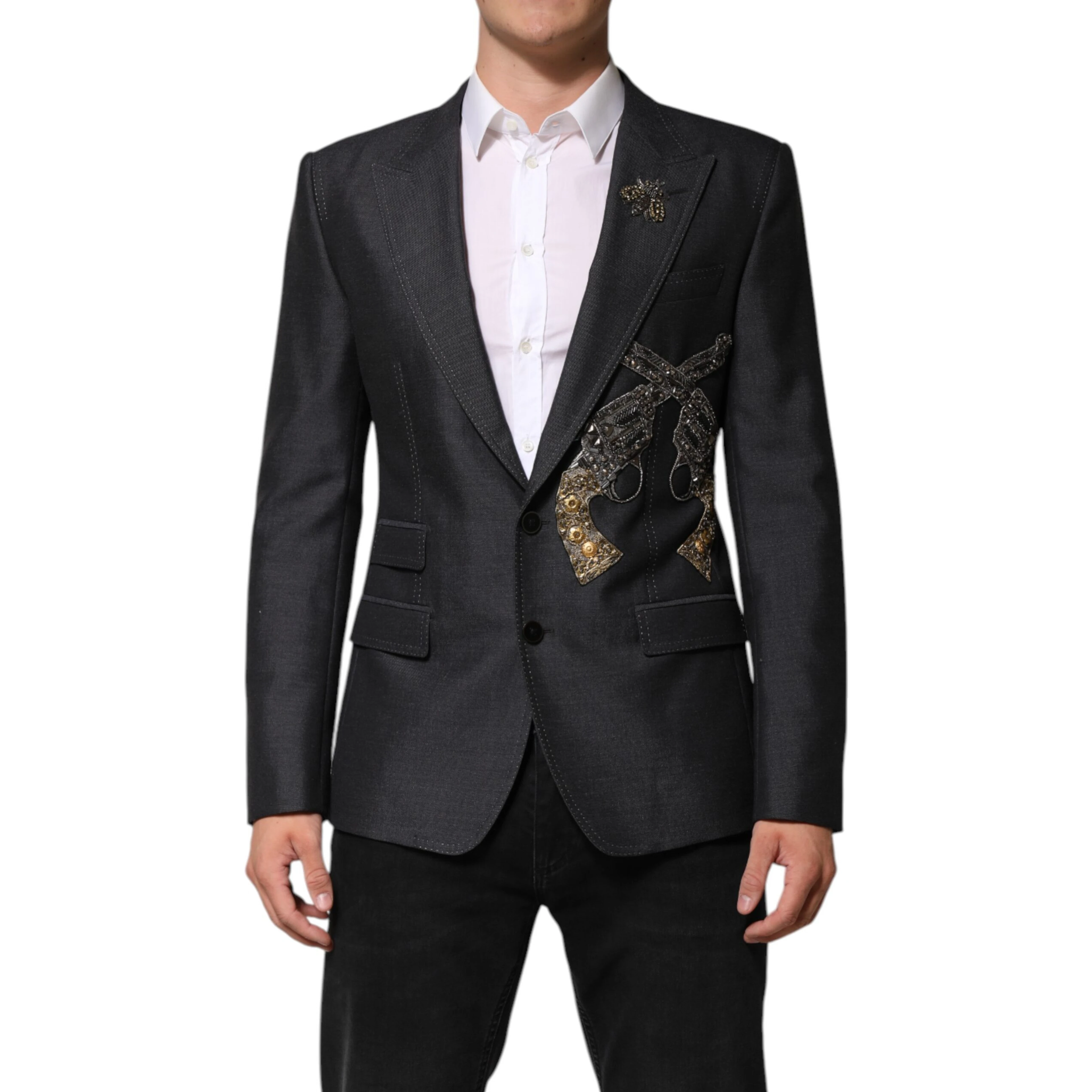 Dark Gray Bee Embroidery Wool Coat Blazer