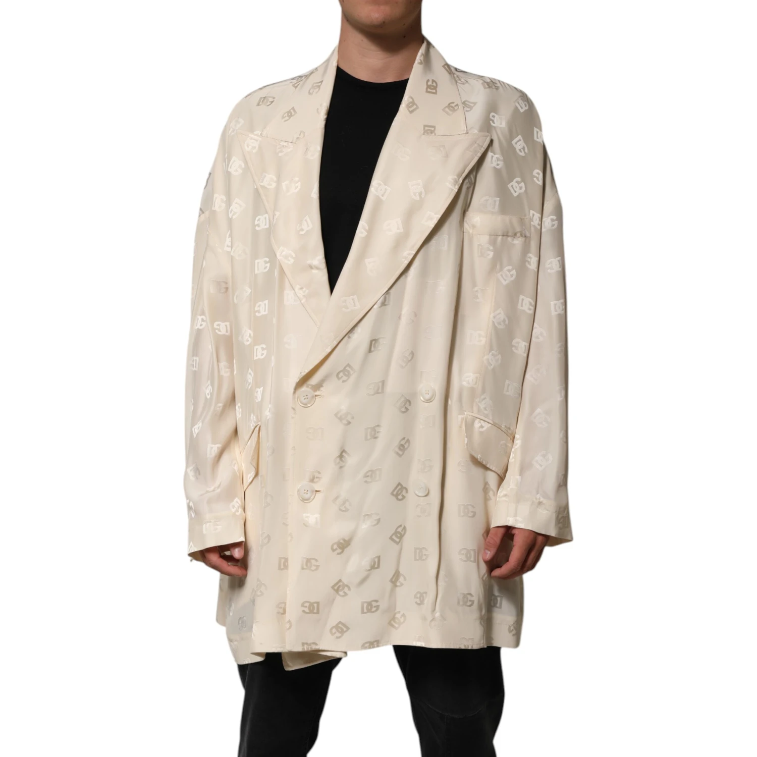 Beige Polyester Logo Monogram Coat Jacket