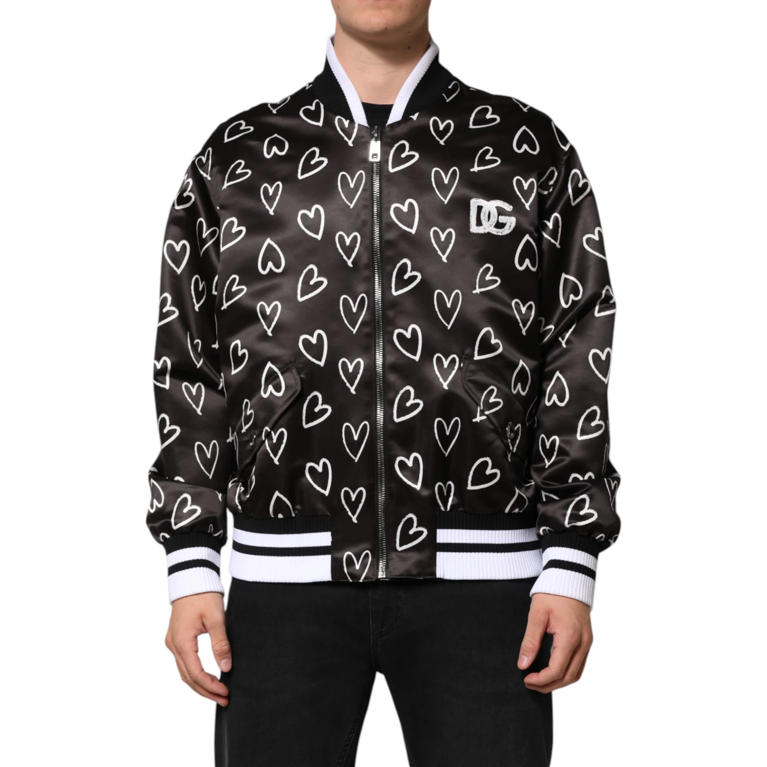 Black Polyester Heart Print Bomber Jacket