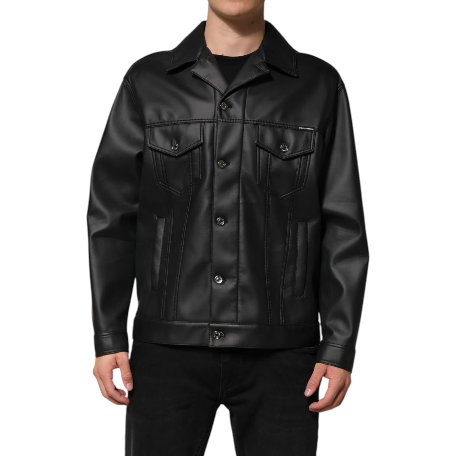 Black Polyester Button Down Biker Jacket