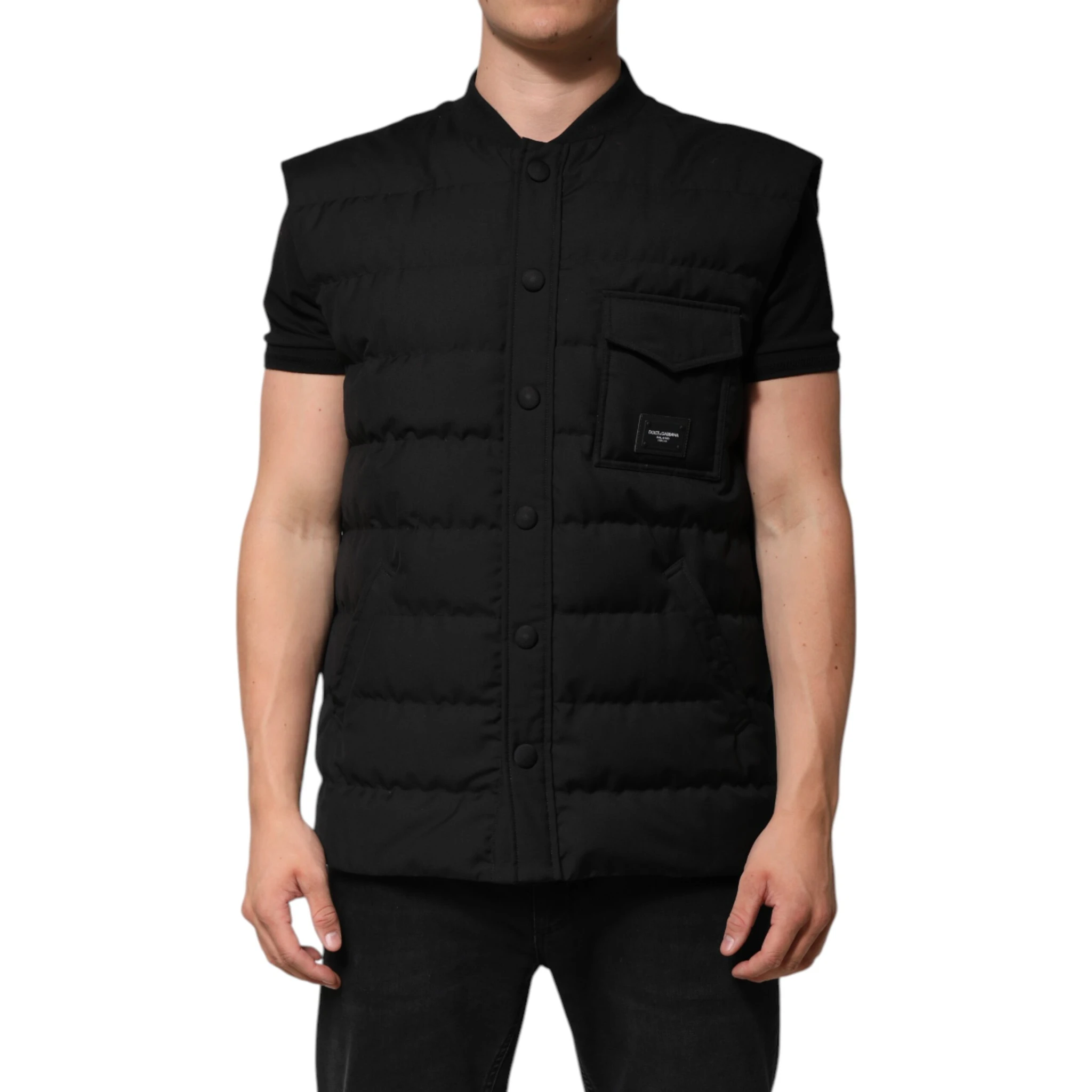 Black Sleeveless Parka Logo Plaque Jacket
