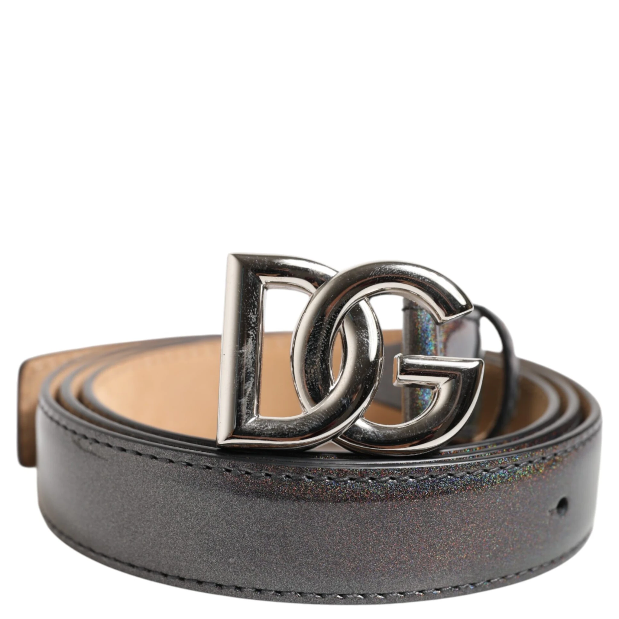 Metallic Leather Silver Tone Logo Buckle Belt