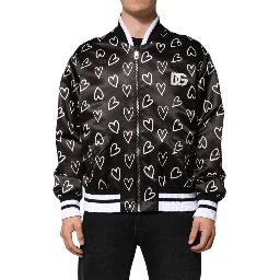 Black Polyester Heart Print Bomber Jacket