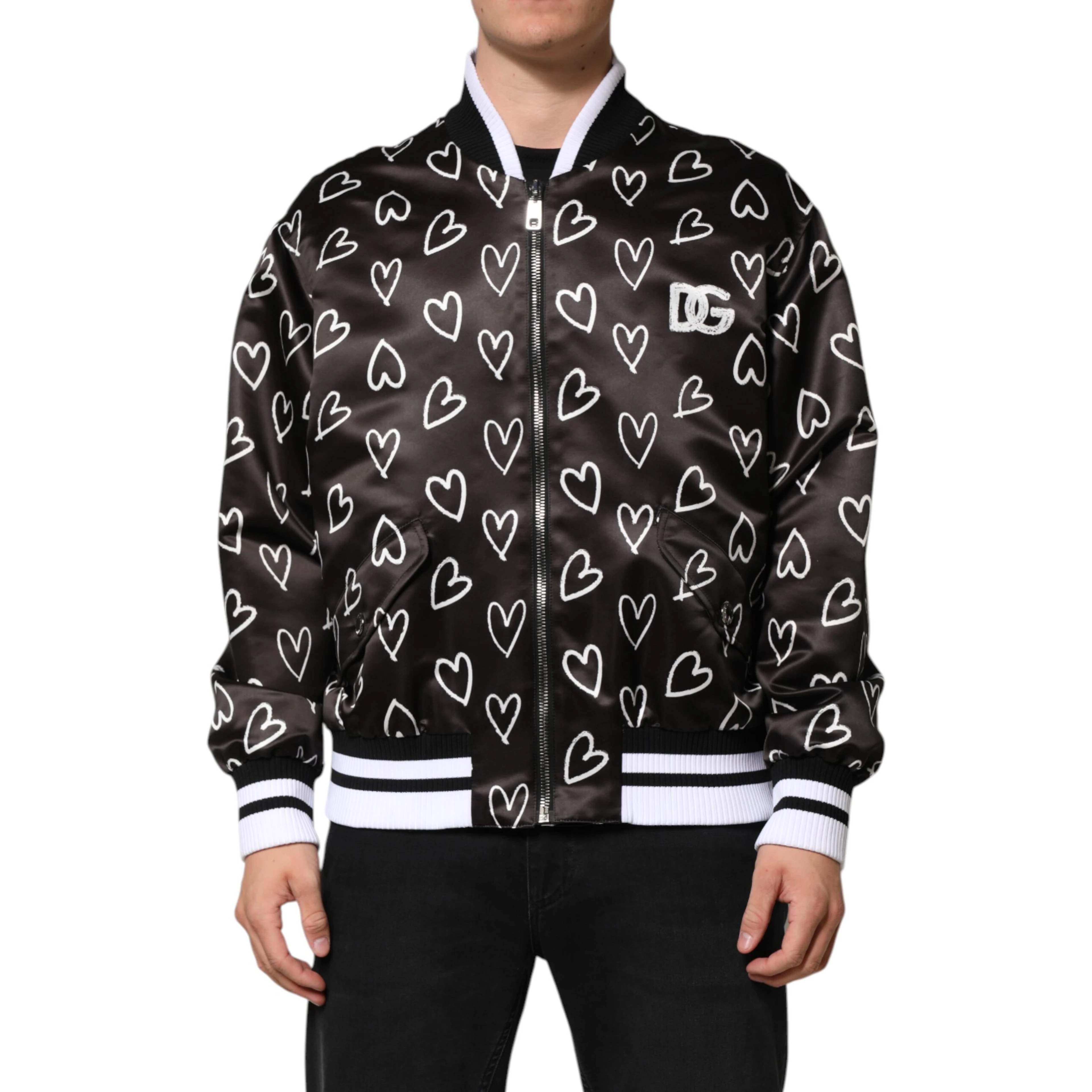 Black Polyester Heart Print Bomber Jacket