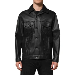 Black Polyester Button Down Biker Jacket