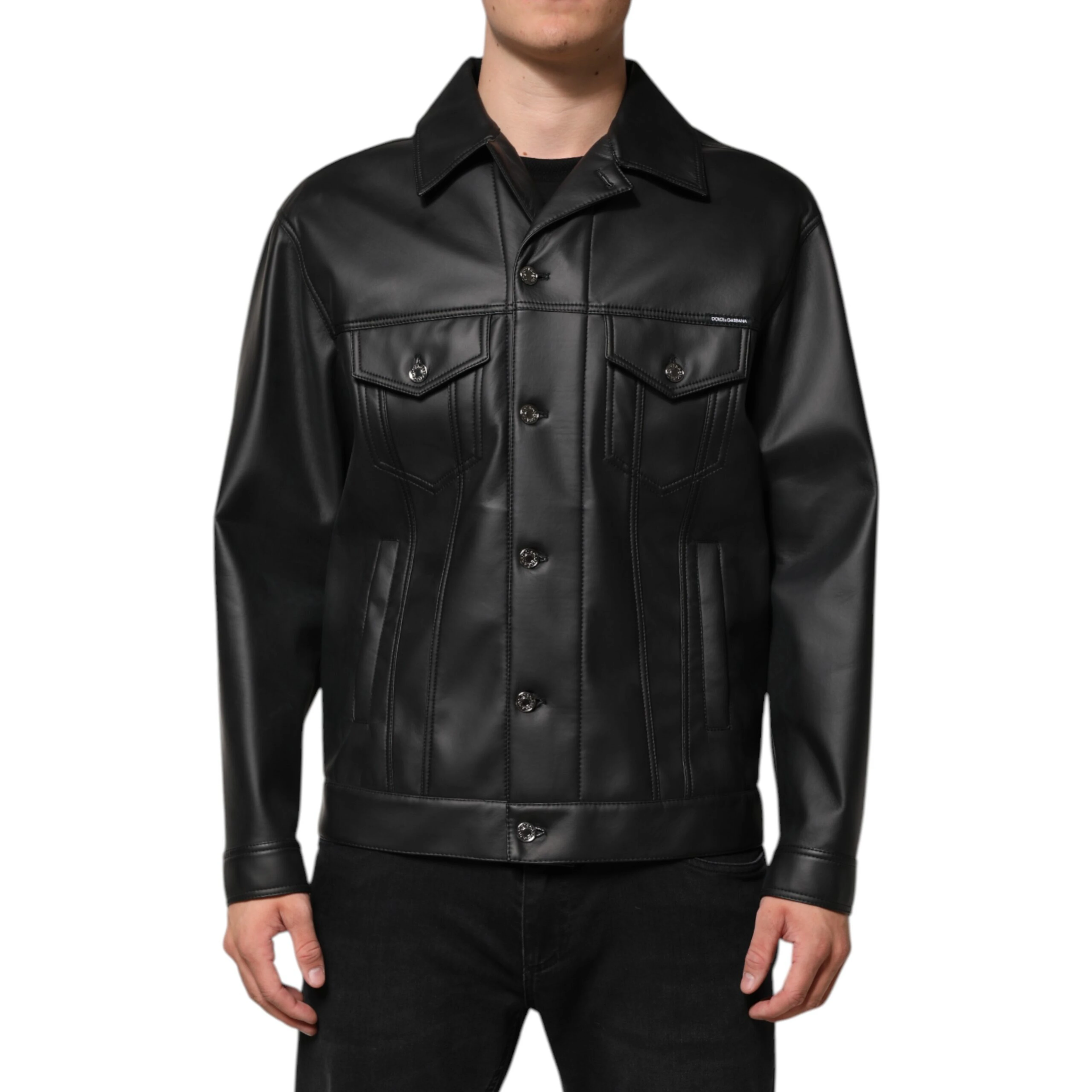 Black Polyester Button Down Biker Jacket