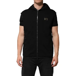 Black Sleeveless Hooded Logo Plaque Jacket