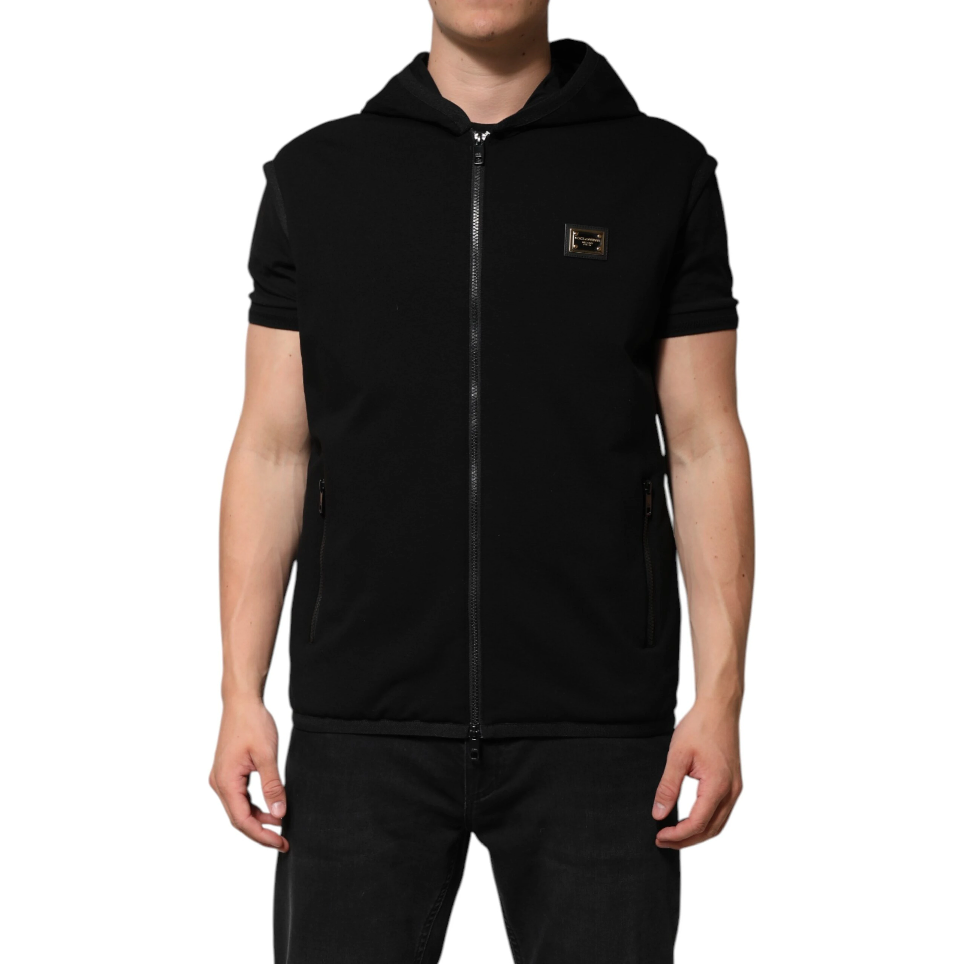 Black Sleeveless Hooded Logo Plaque Jacket