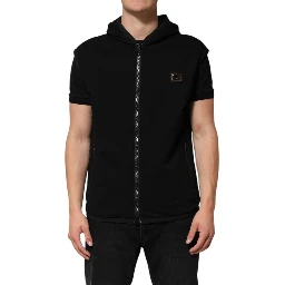 Black Sleeveless Hooded Logo Plaque Jacket