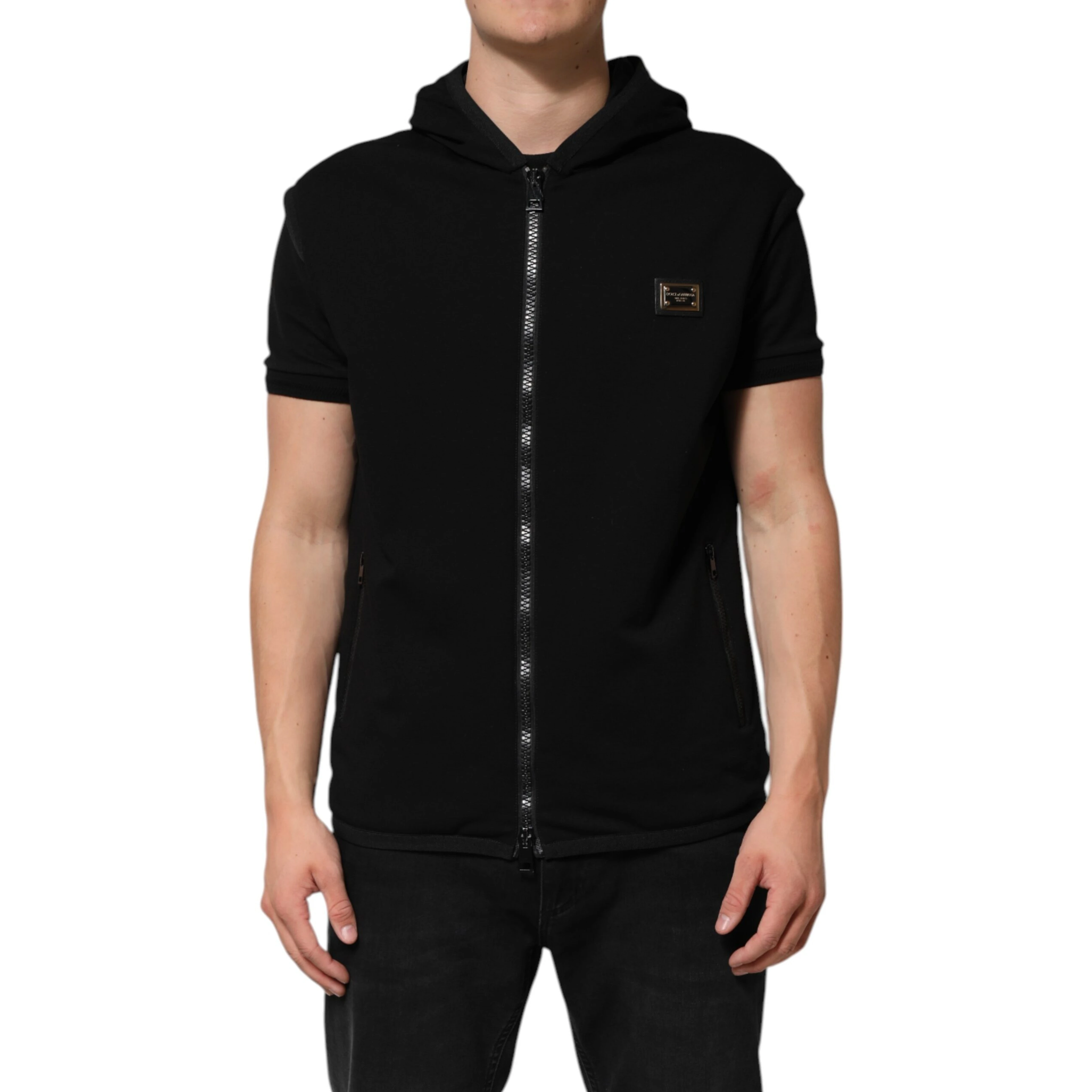 Black Sleeveless Hooded Logo Plaque Jacket