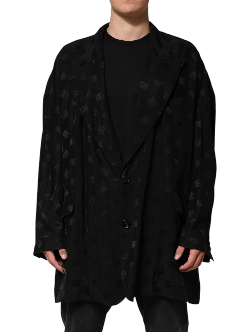 Black Polyester Logo Monogram Coat Jacket