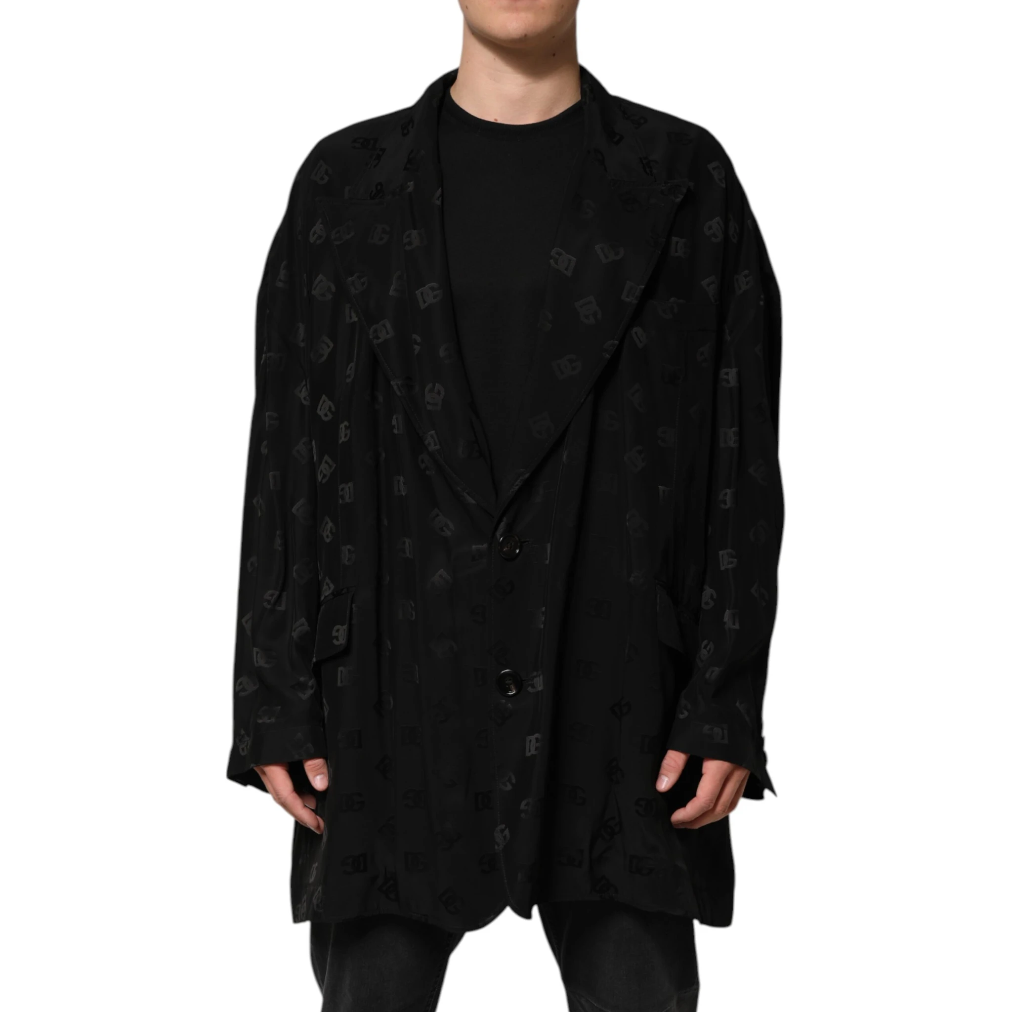 Black Polyester Logo Monogram Coat Jacket
