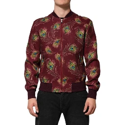 Maroon Peacock Feather Print Bomber Jacket