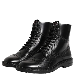 Black Leather Lace Up Mid Calf Boots Shoes