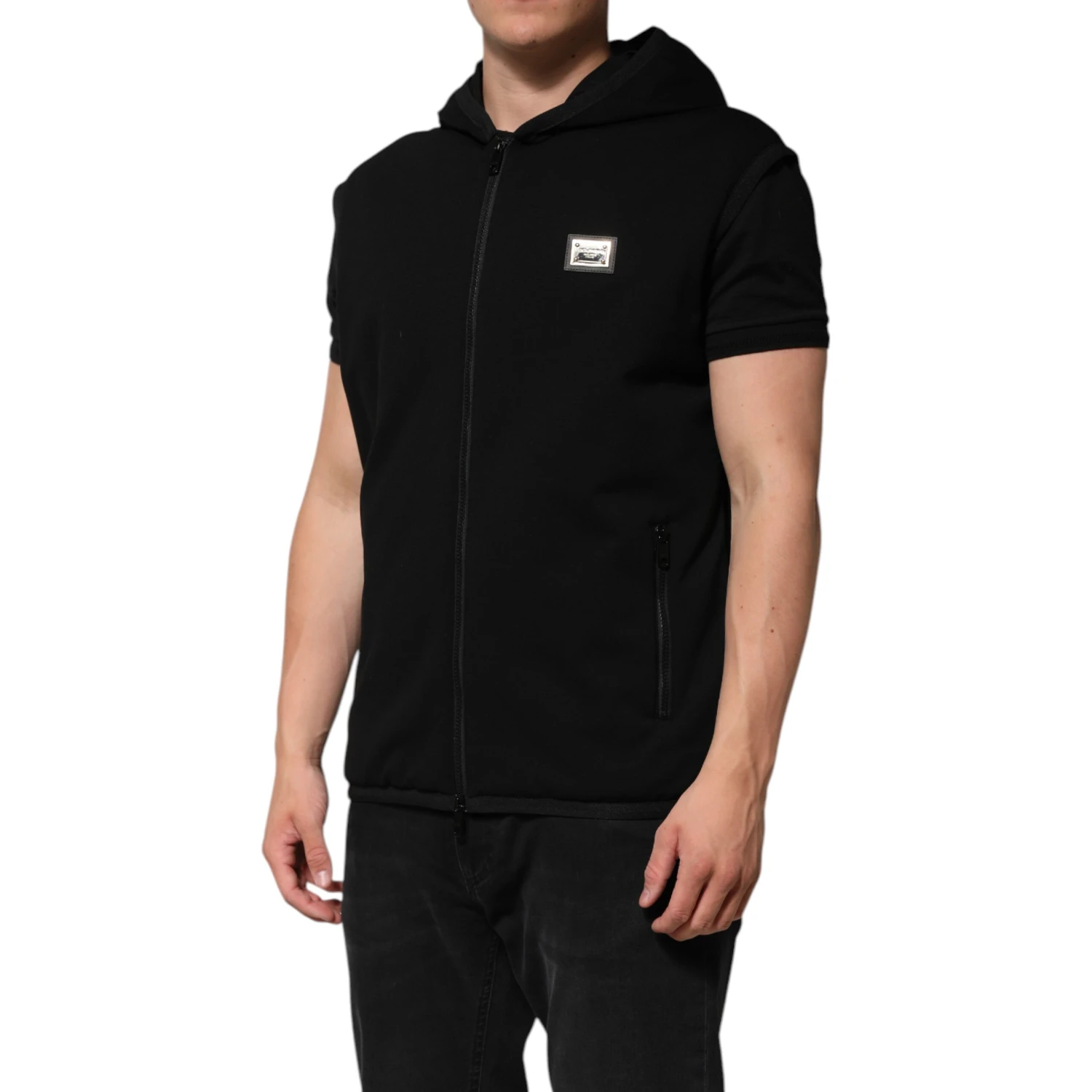 Black Sleeveless Hooded Logo Plaque Jacket