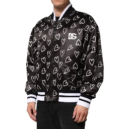 Black Polyester Heart Print Bomber Jacket