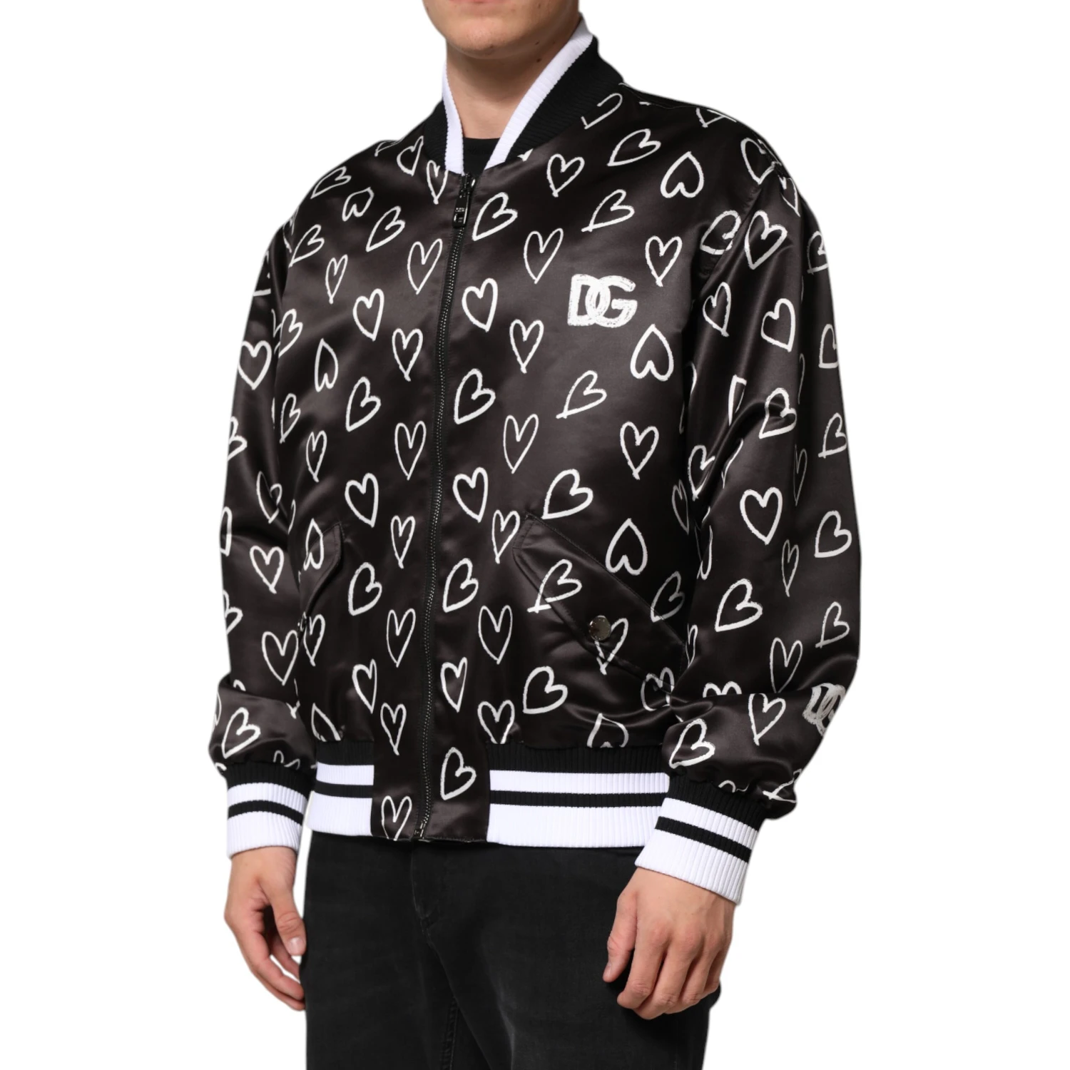 Black Polyester Heart Print Bomber Jacket
