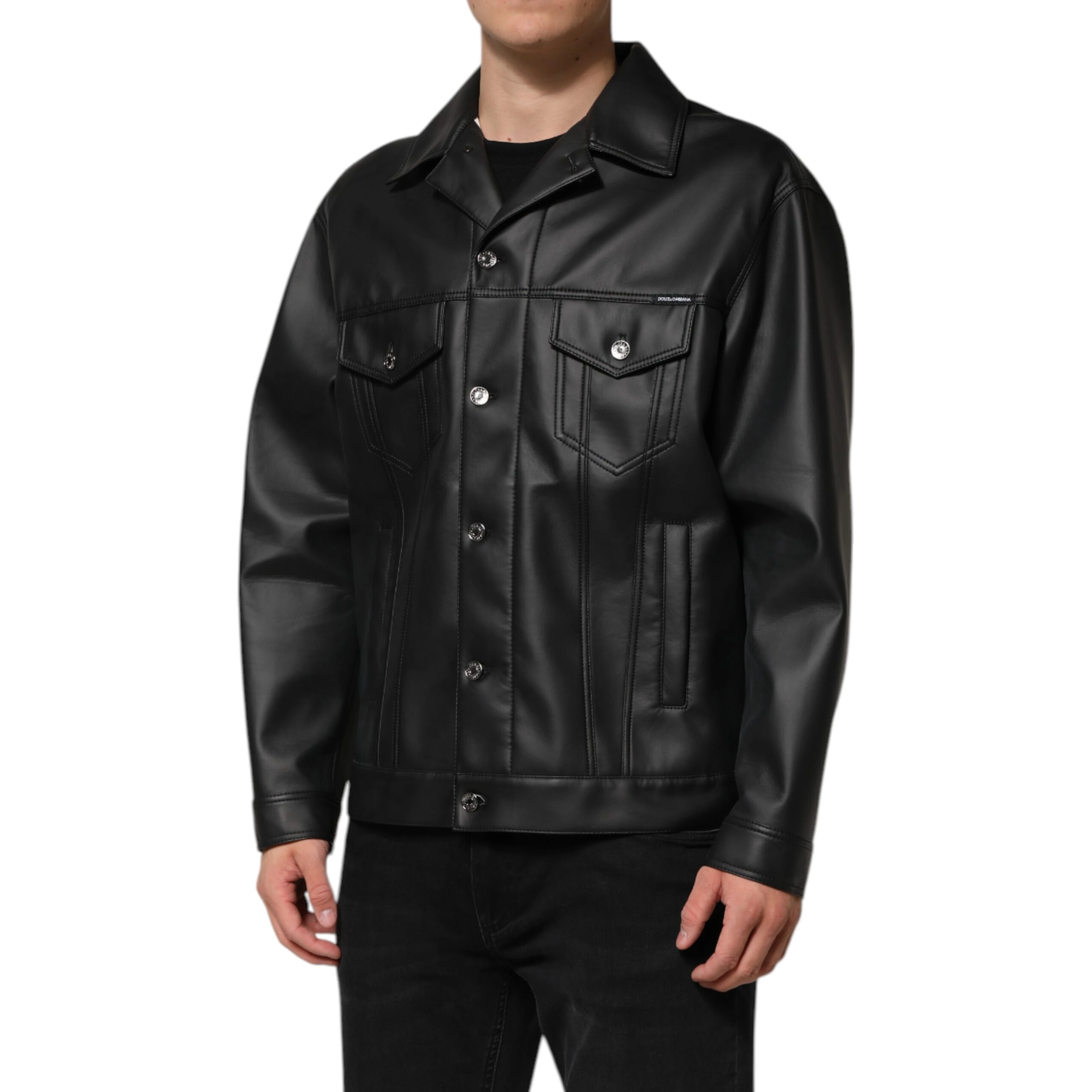 Black Polyester Button Down Biker Jacket