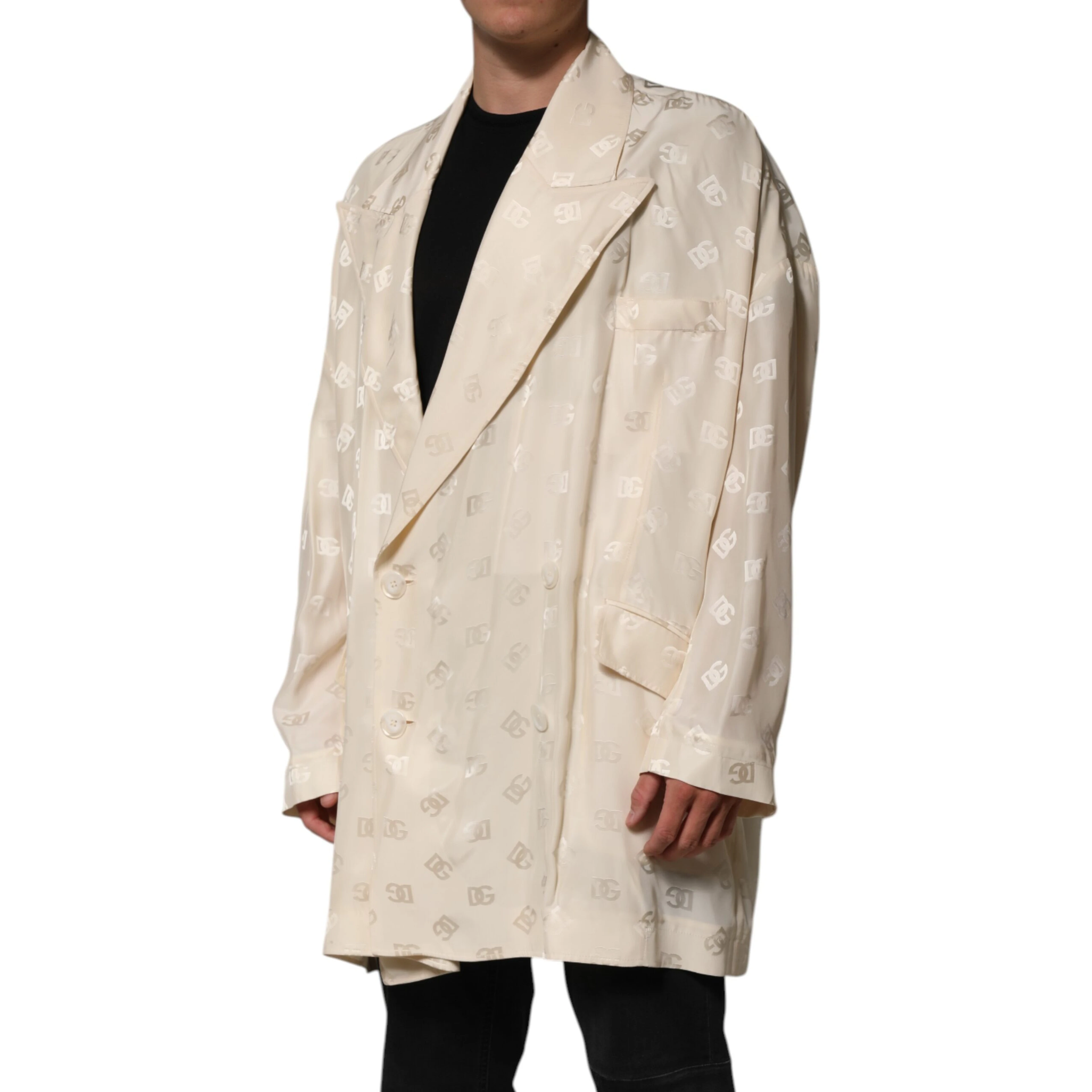 Beige Polyester Logo Monogram Coat Jacket