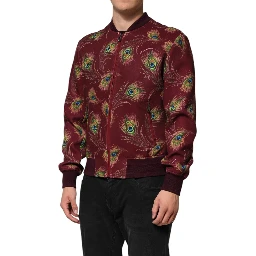 Maroon Peacock Feather Print Bomber Jacket