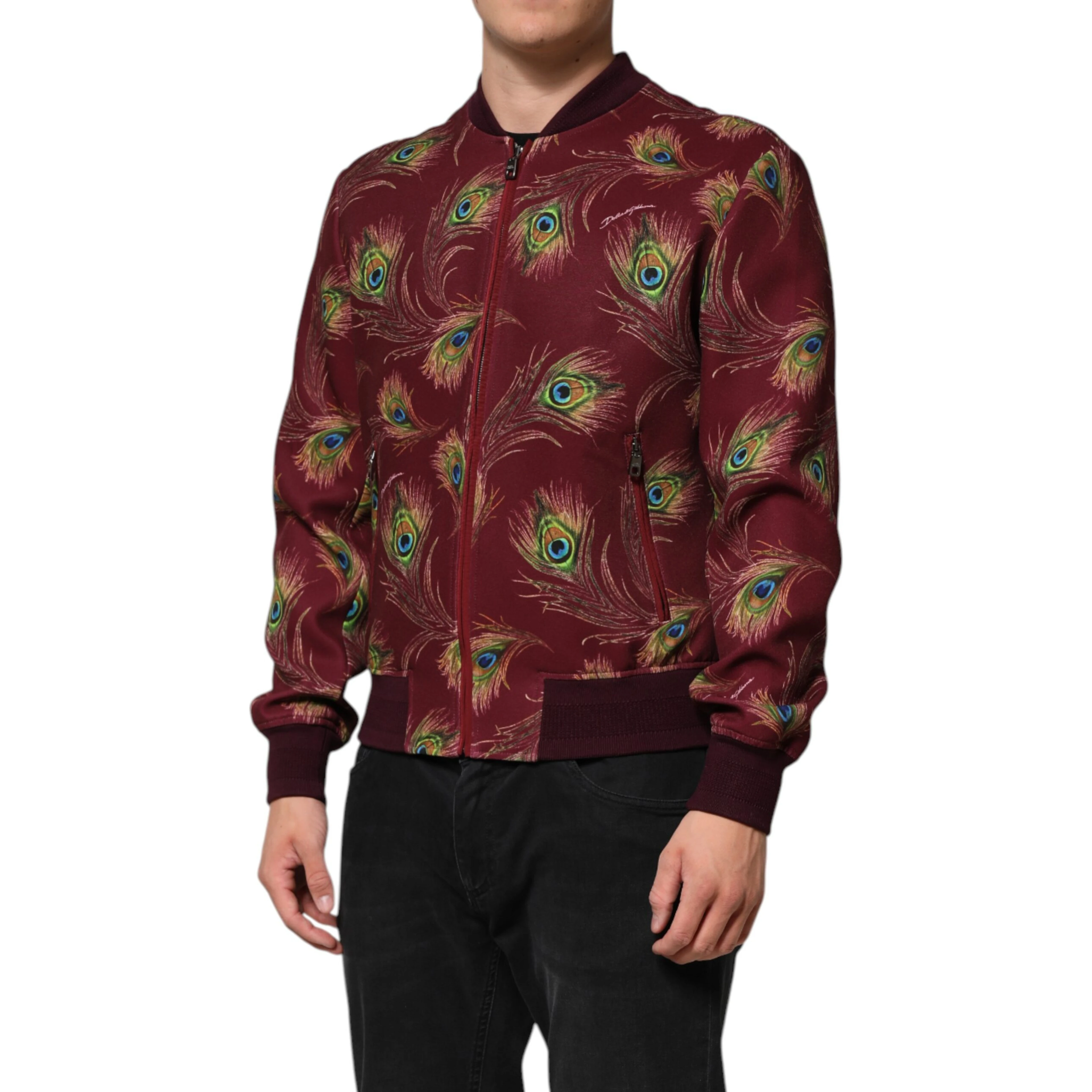 Maroon Peacock Feather Print Bomber Jacket