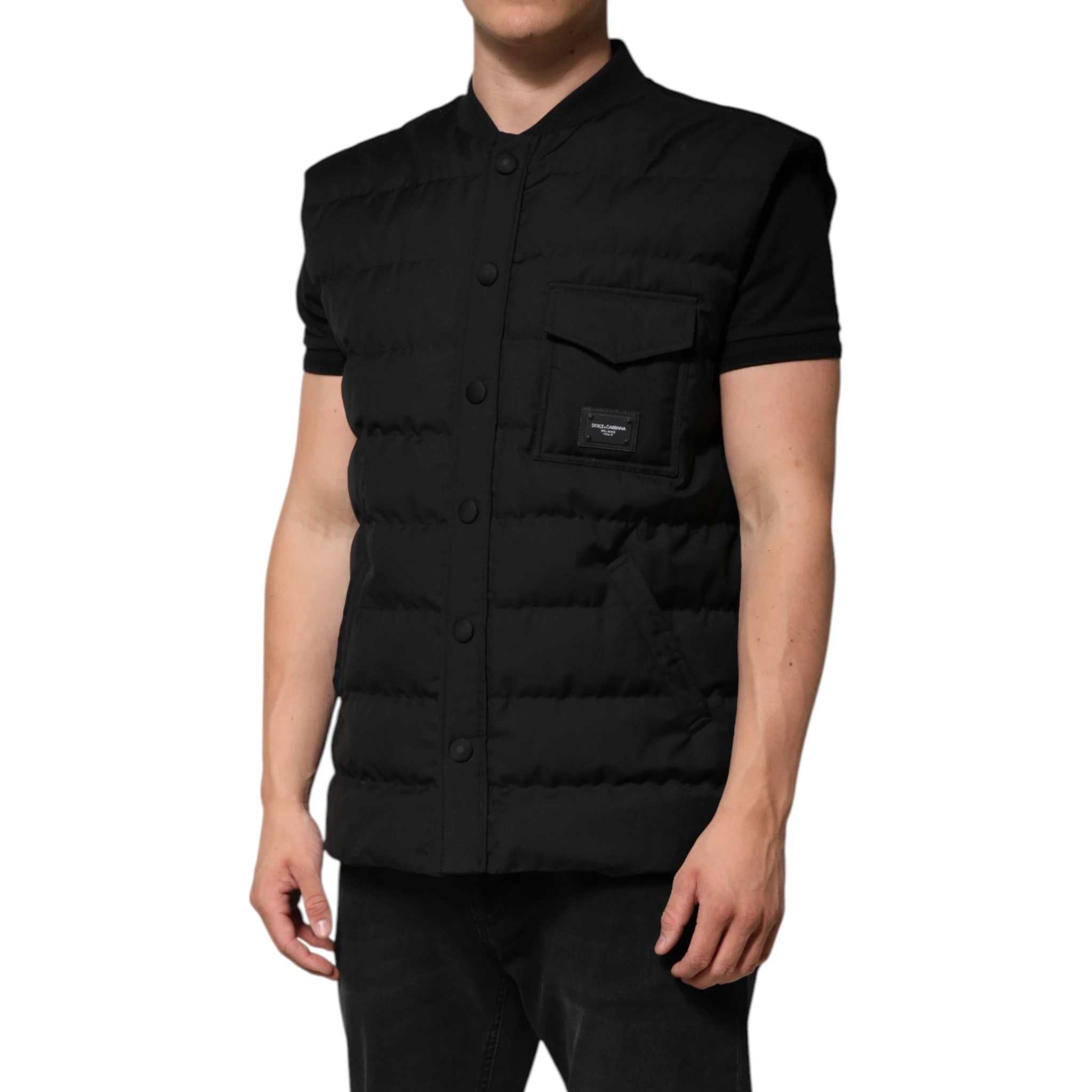 Black Sleeveless Parka Logo Plaque Jacket