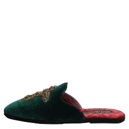 Green Velvet Cross Embellished Slippers Shoes