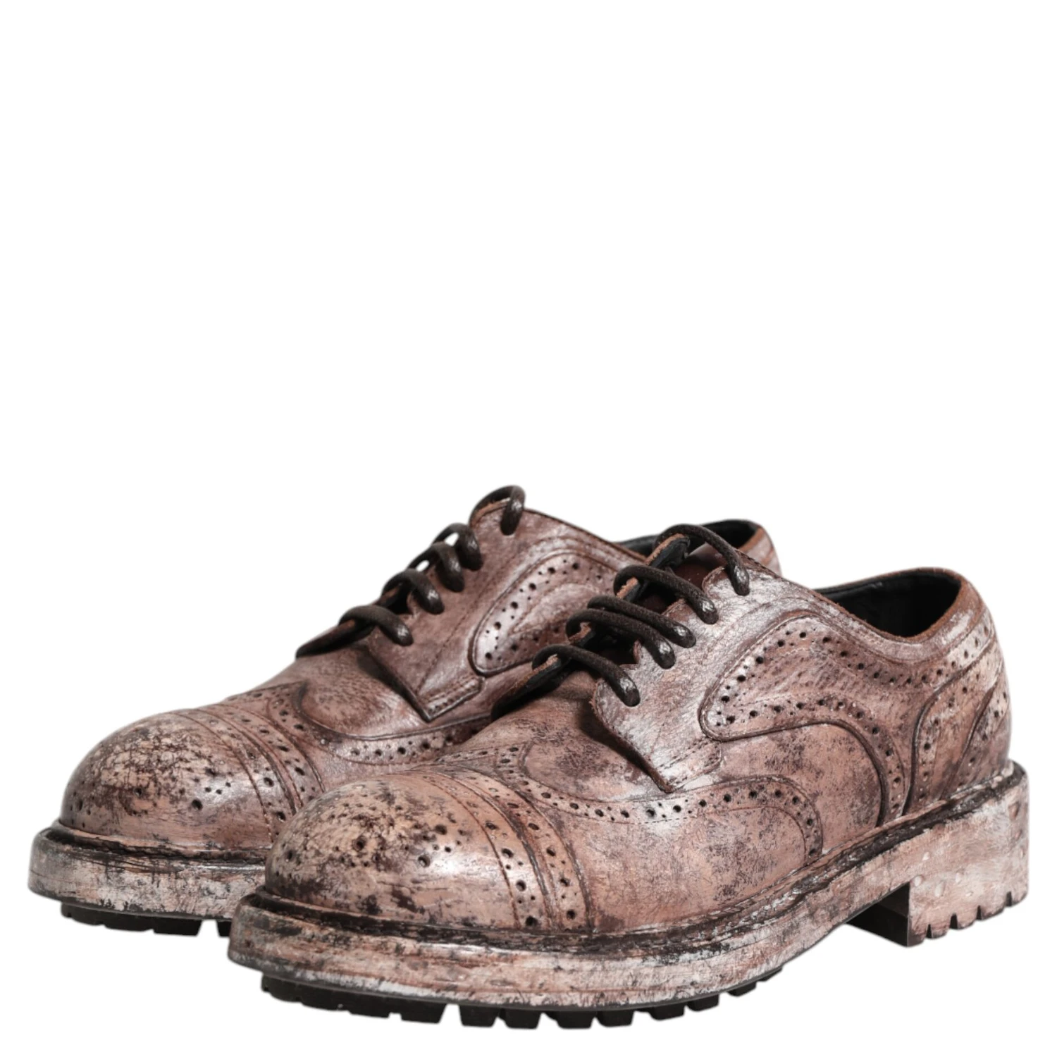 Brown Leather Distressed Brogue Lace Up Shoes