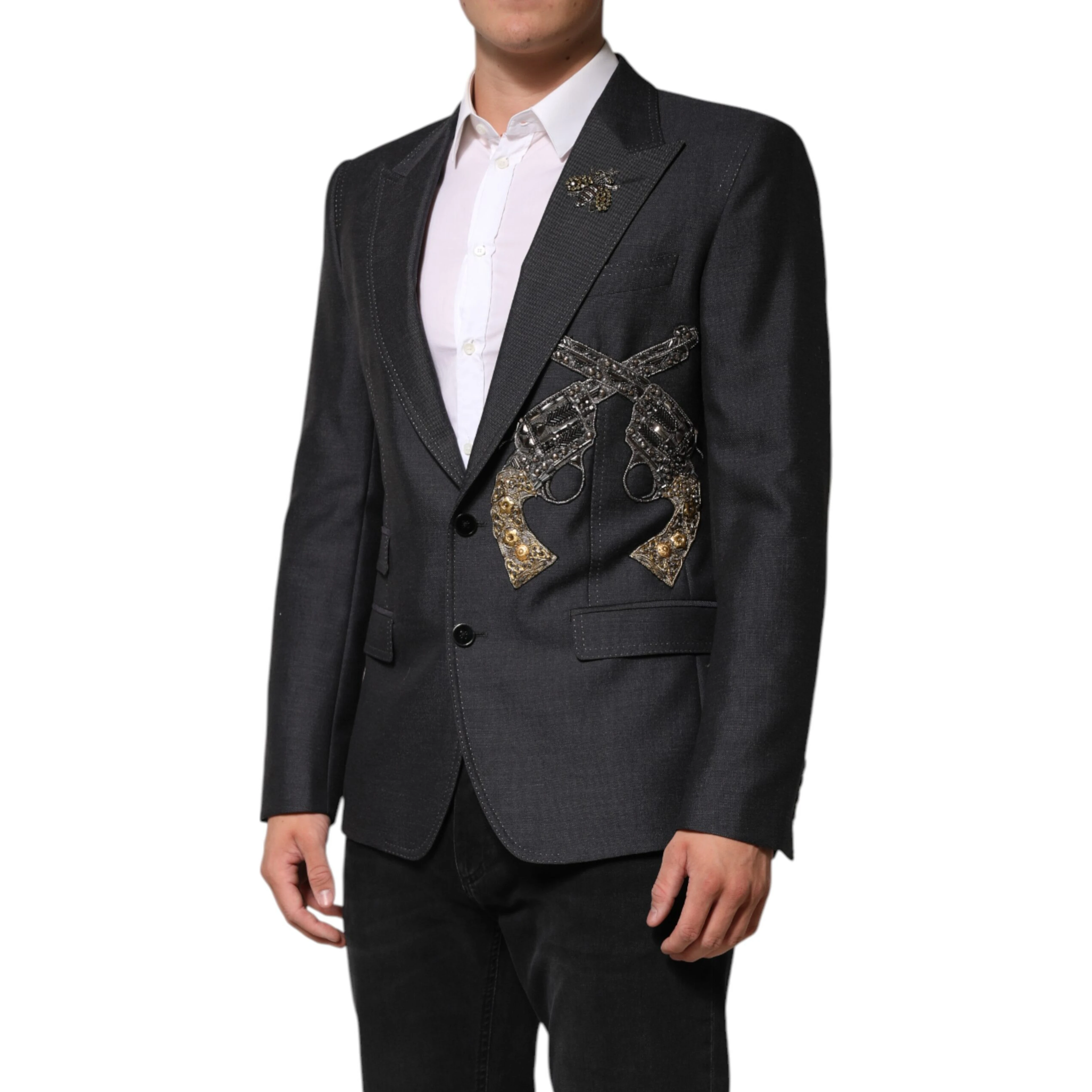 Dark Gray Bee Embroidery Wool Coat Blazer
