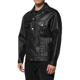 Black Polyester Button Down Biker Jacket