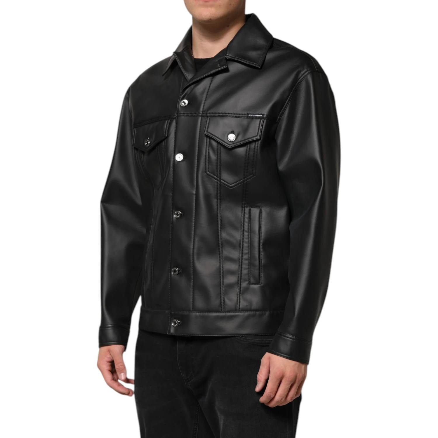 Black Polyester Button Down Biker Jacket