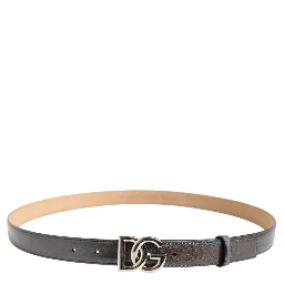 Metallic Leather Silver Tone Logo Buckle Belt