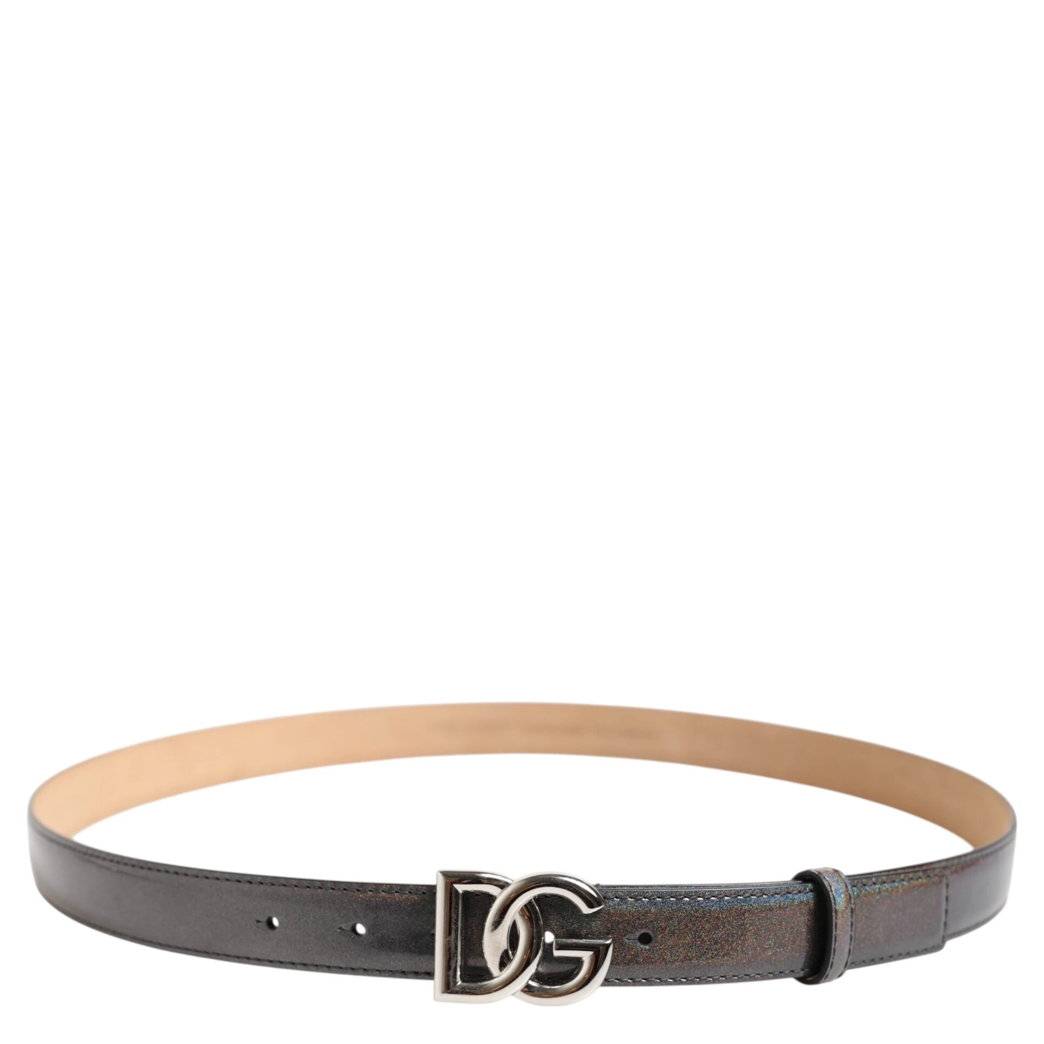 Metallic Leather Silver Tone Logo Buckle Belt