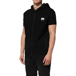 Black Sleeveless Hooded Logo Plaque Jacket
