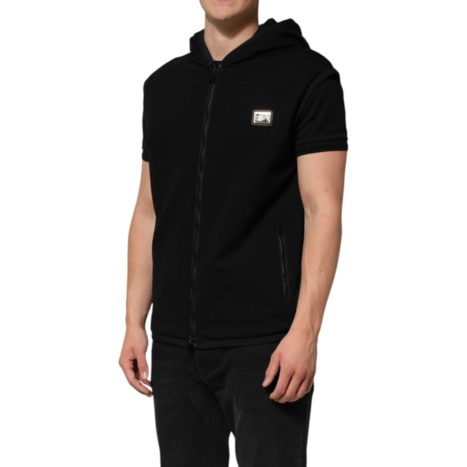 Black Sleeveless Hooded Logo Plaque Jacket
