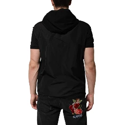 Black Sleeveless Hooded Logo Plaque Jacket