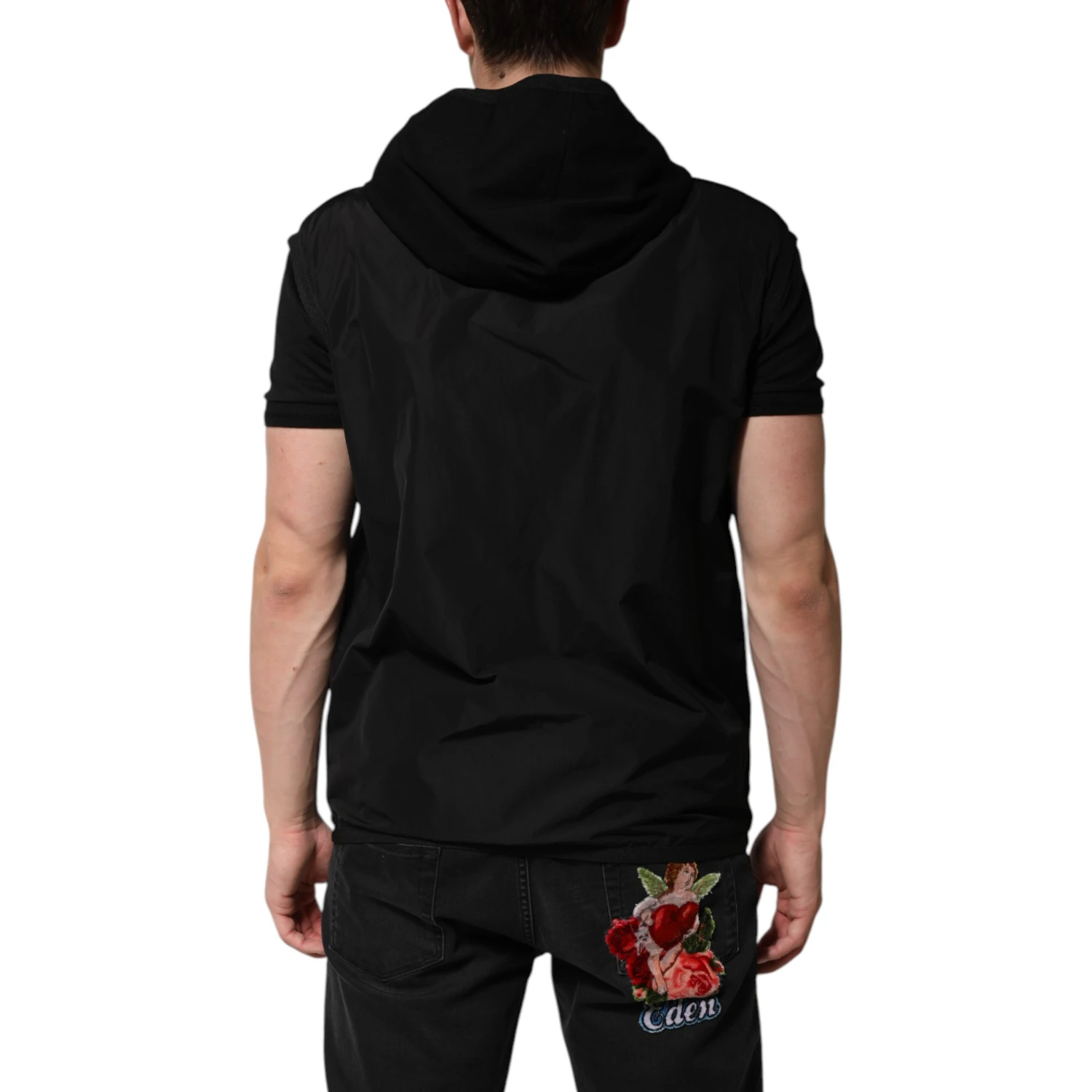 Black Sleeveless Hooded Logo Plaque Jacket